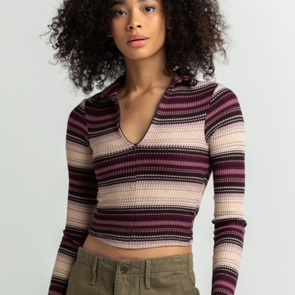 BDG UO Size Medium Brown Striped Long Sleeve Half Sleeve Bunny Thermal Crop Top